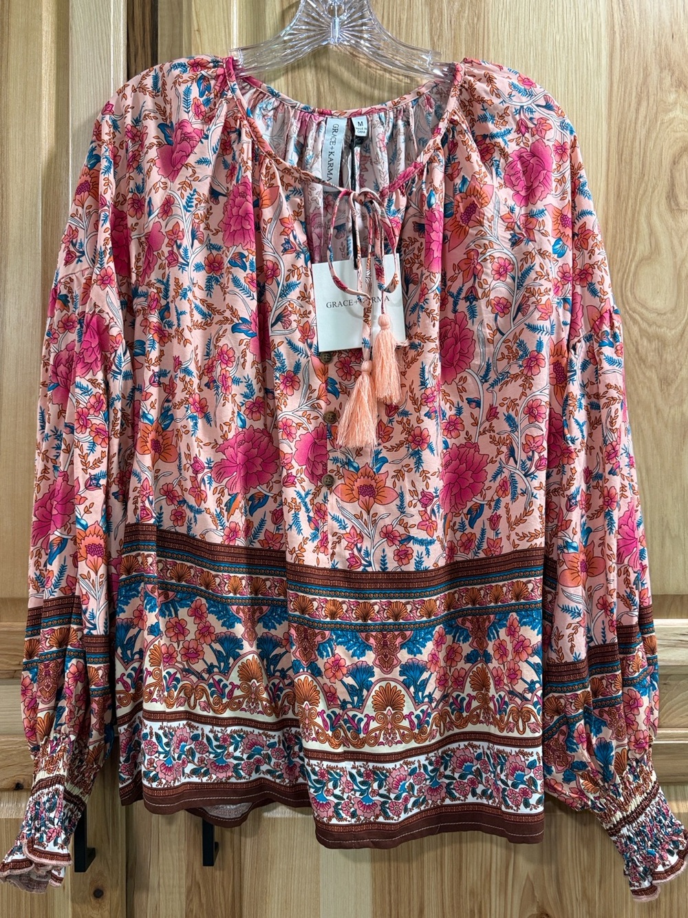 NWT Grace + Karma Size M Pink Floral Boho Peasant Festival Balloon Sleeve Top
